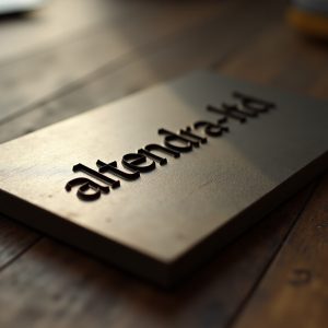 Close-up of Altendra-LTD logo engraved on metallic plaque with artisan finish and wooden table background