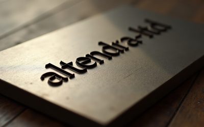 Close-up of Altendra-LTD logo engraved on metallic plaque with artisan finish and wooden table background